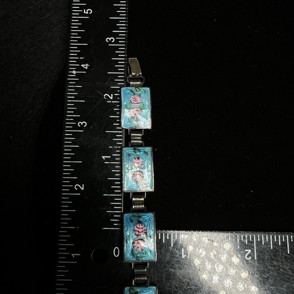 Vintage Sterling Silver Guilloche Panel Link Bracelet 19.9g Pink Roses 6.5" - Picture 12 of 13